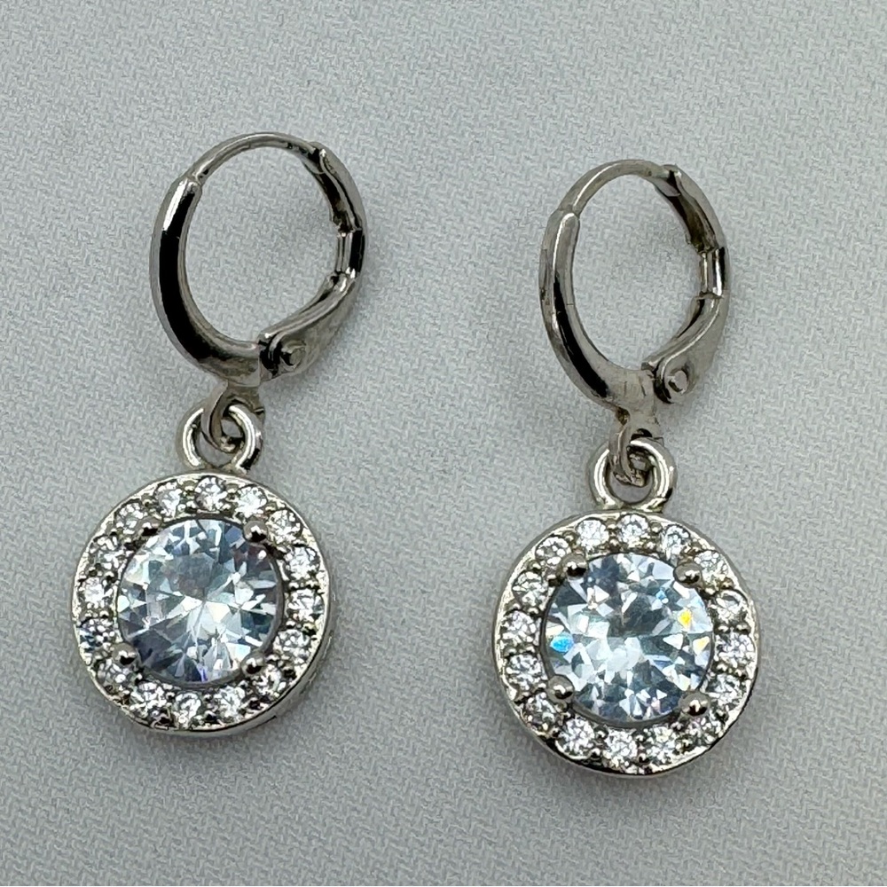 Silver Plated White Cubic Zirconia Halo Drop Earrings Leverback Sparkle New